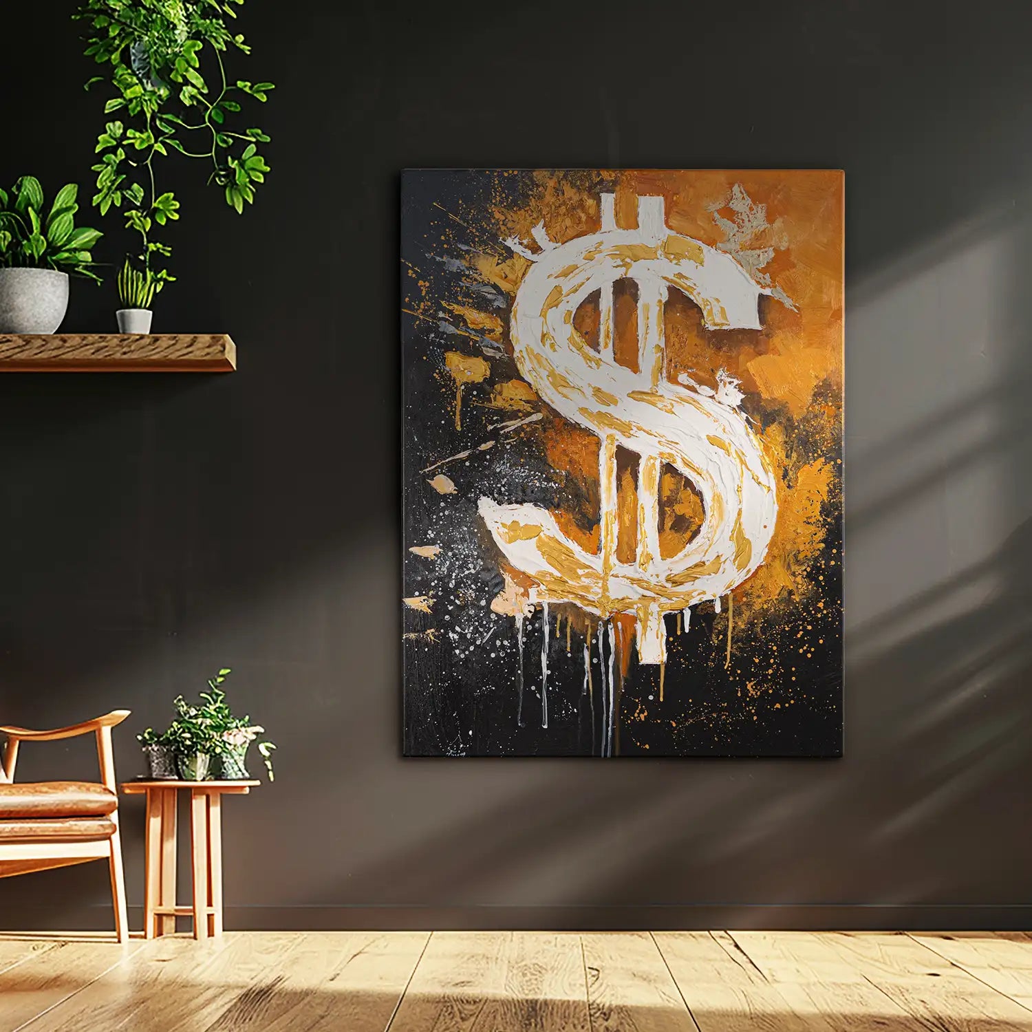 Gemälde 60x80 cm ohne Rahmen in Schwarz und Orange – ein abstraktes Spiel von Motivation und Erfolg, handgemalt mit Acryl und Strukturpaste – „Dollar“