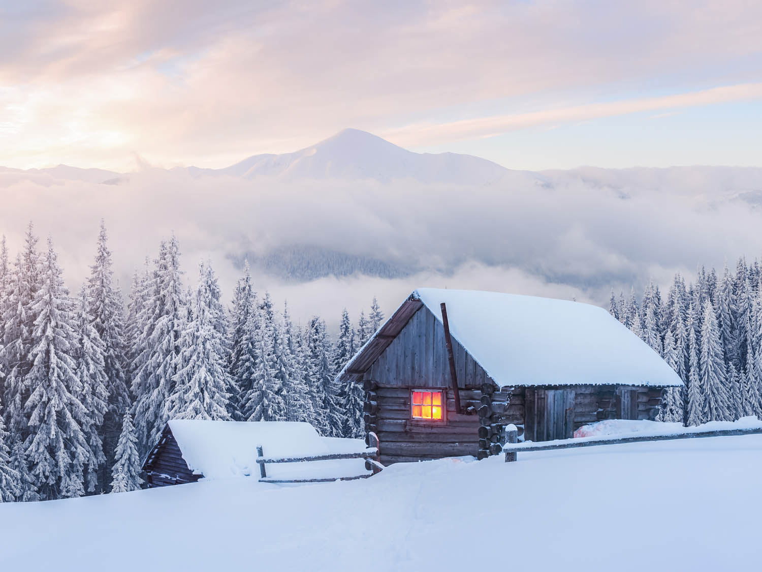 Alu-Dibond Bild Winterhütte, Berge & Gebirge, 100x75cm groß