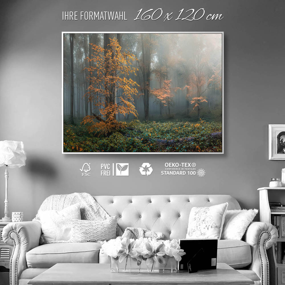 Wald Herbstidylle im weißen Bilderrahmen, 160x120cm