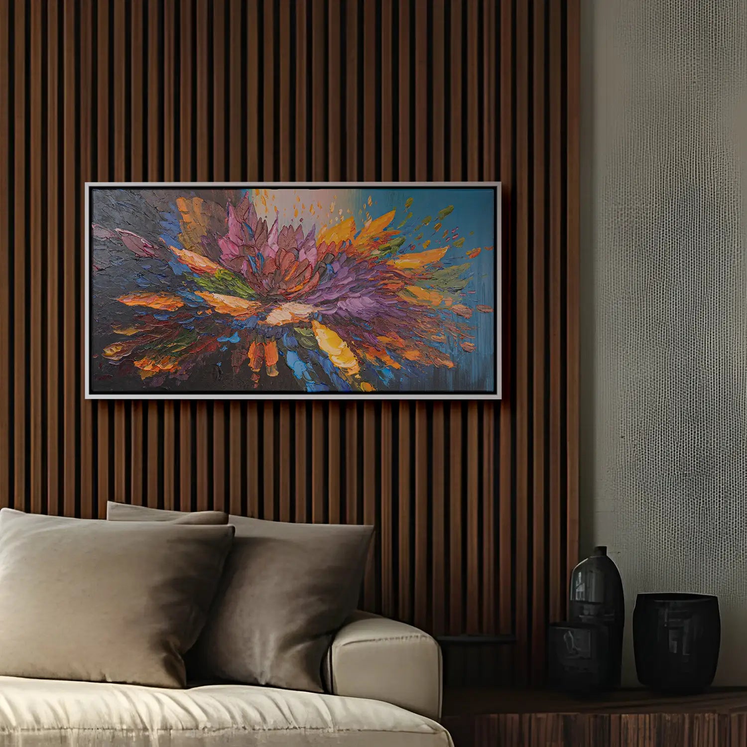 Leinwandbild handgemalt 160x80 cm im Schattenfugenrahmen Weiß, moderne Explosion der Farben, lebendige Abstraktion für Büro, Wohnzimmer und Schlafzimmer – „Tanz der Farben“