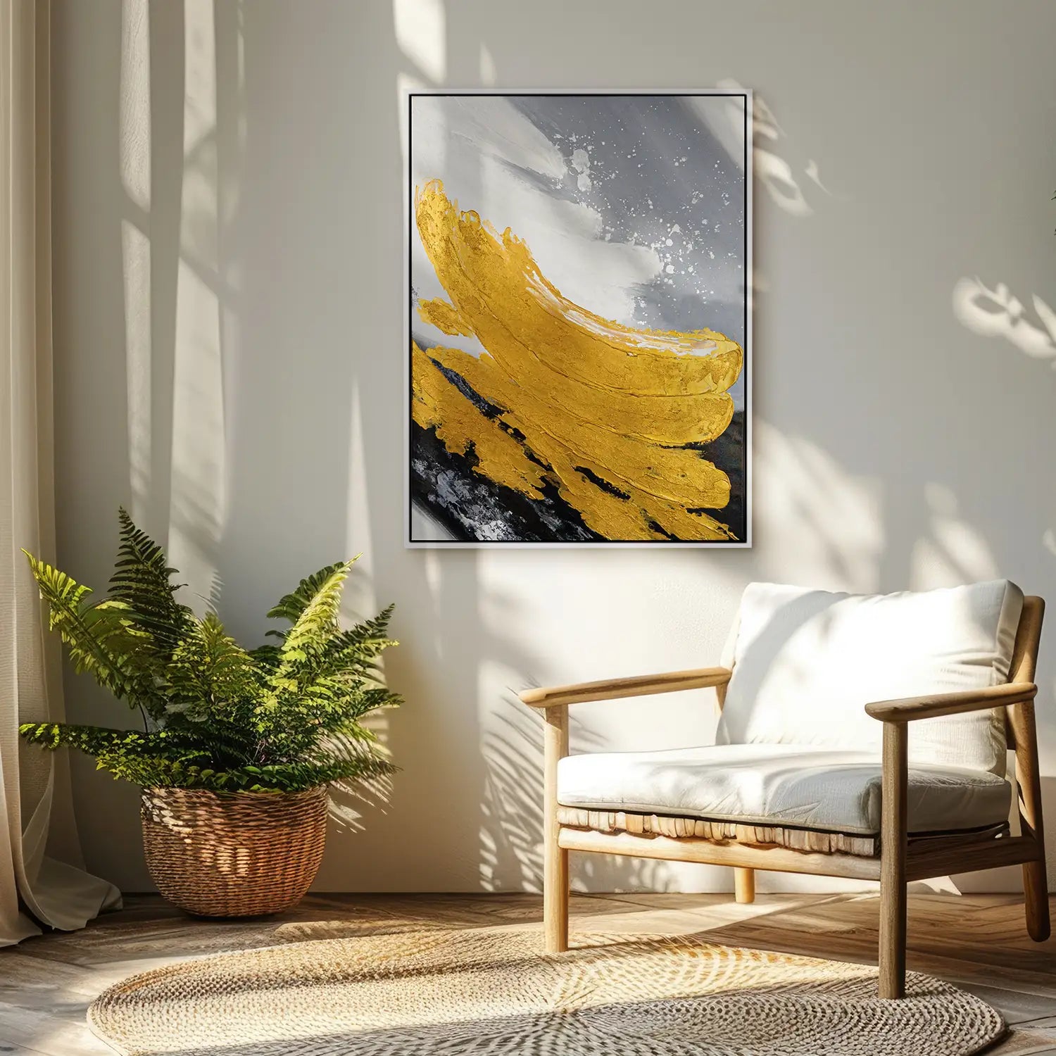 Gemälde 150x200 cm im Schattenfugenrahmen Weiß, abstrakte Komposition in goldenen, weißen und grauen Tönen – „Goldene Reflexionen“