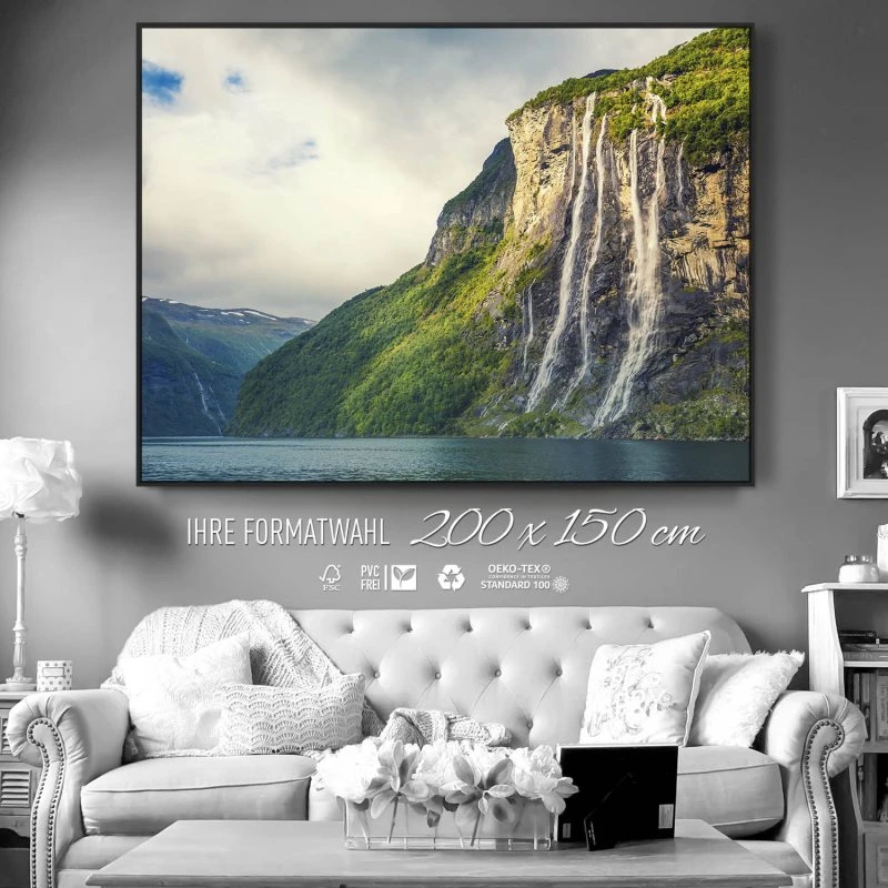 Wasserfall Seven Sisters im schwarzen Bilderrahmen, 200x150cm