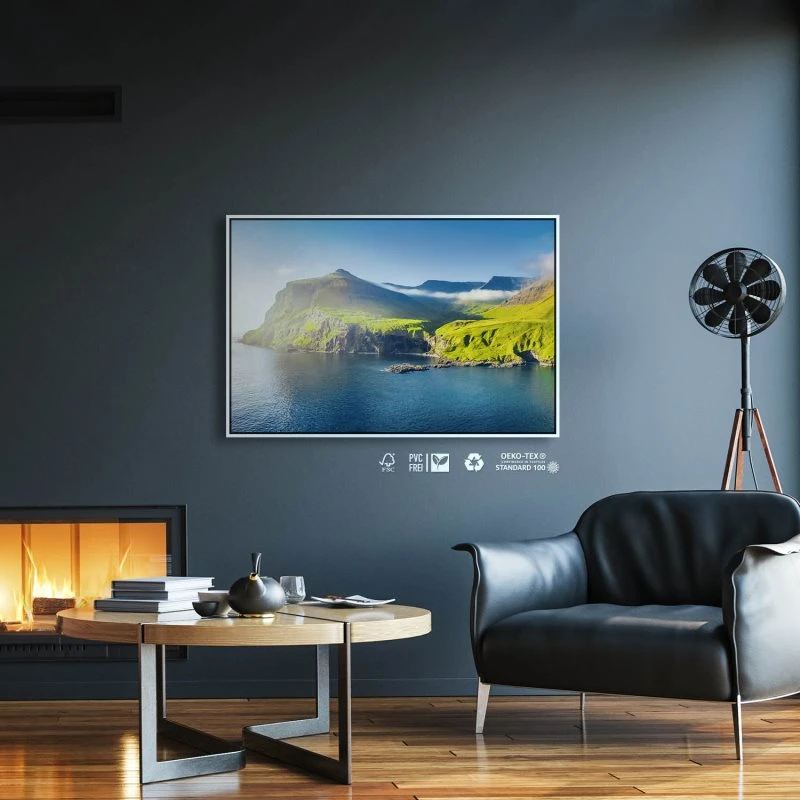 Berge & Gebirge Klippen Färör Inseln im weißen Bilderrahmen, 90x60cm