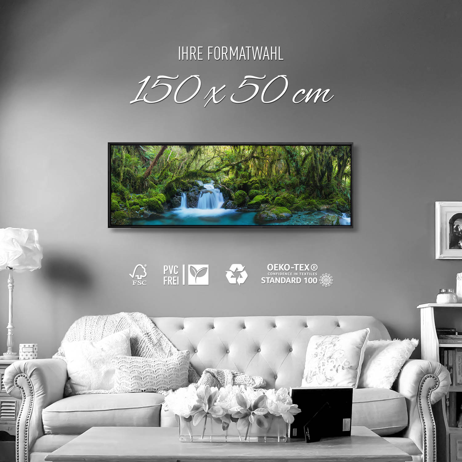 Dschungel idylischer Bachlauf im schwarzen Bilderrahmen, 150x50cm
