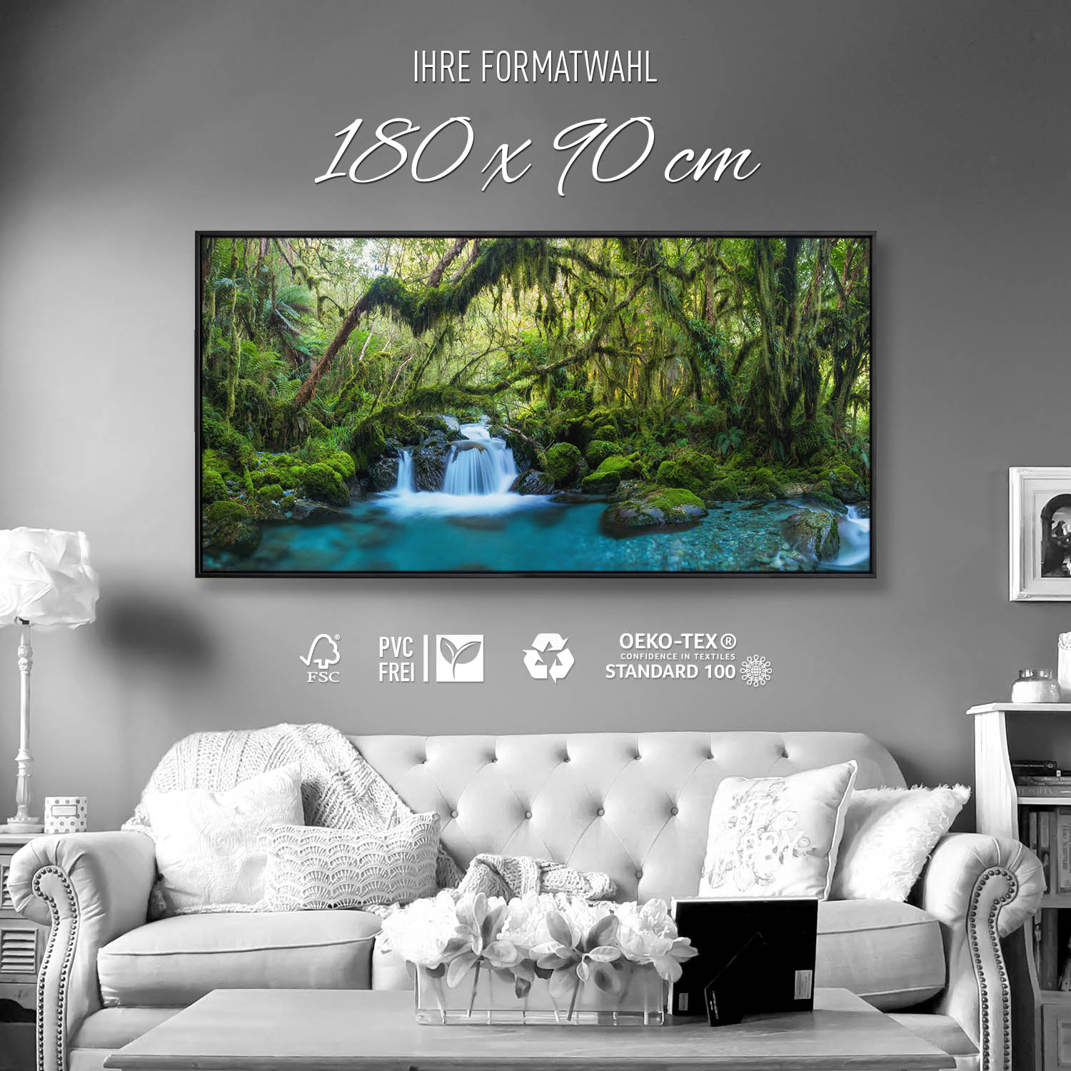 Dschungel idylischer Bachlauf im schwarzen Bilderrahmen, 180x90cm