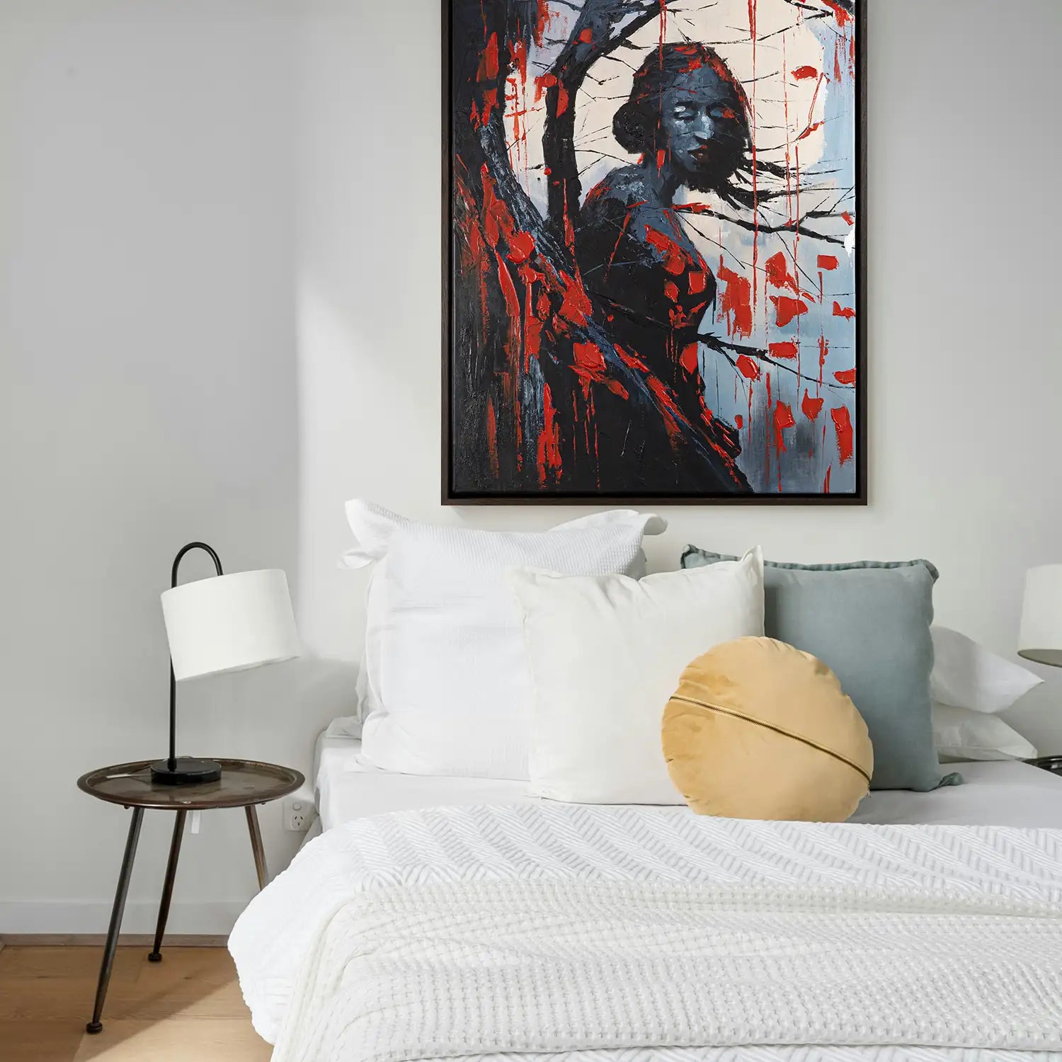 Gemälde 60x80 cm im Rahmen Eiche dunkel in Rot und Schwarz – ein abstraktes Spiel von Baum, Frau und Mond in der Gothic-Nacht – „Schwarze Phytomorphe“