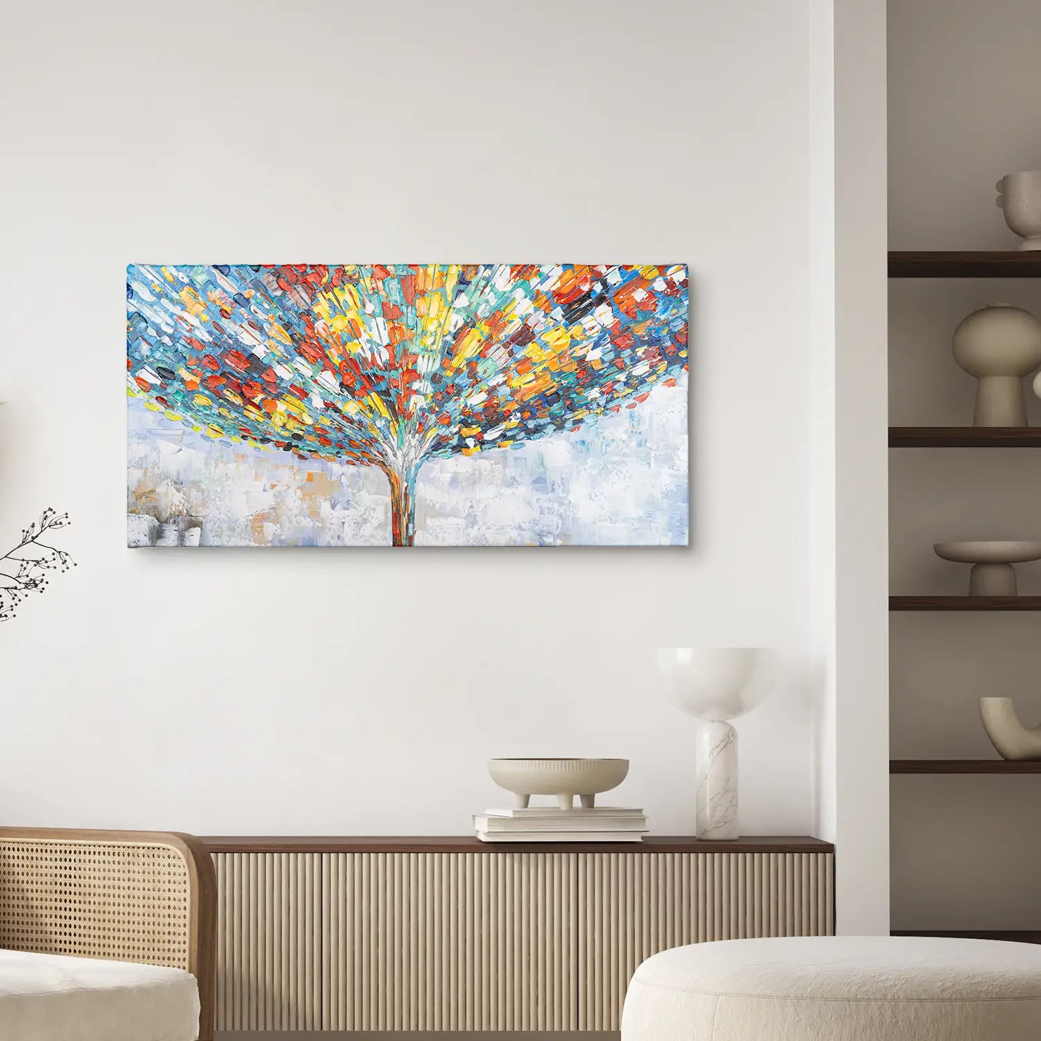 Gemälde 160x80 cm ohne Rahmen – harmonische Symphonie aus Farbe und Struktur, handgemalt mit Acrylfarbe und Strukturpaste, abstrakte Bauminterpretation für Büro, Wohnzimmer, Schlafzimmer – „Klang der Stille“