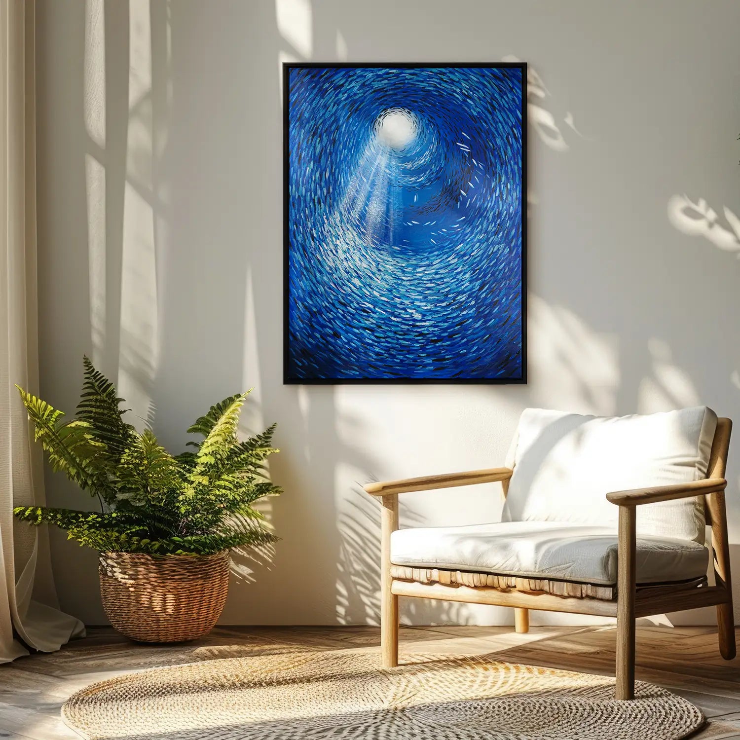 Leinwandbild 150x200 cm im Schattenfugenrahmen Schwarz, handgemalt mit Acrylfarbe, in Abstrakt und modern – mediterrane Wellen des Meeres „Tiefen der Stille“