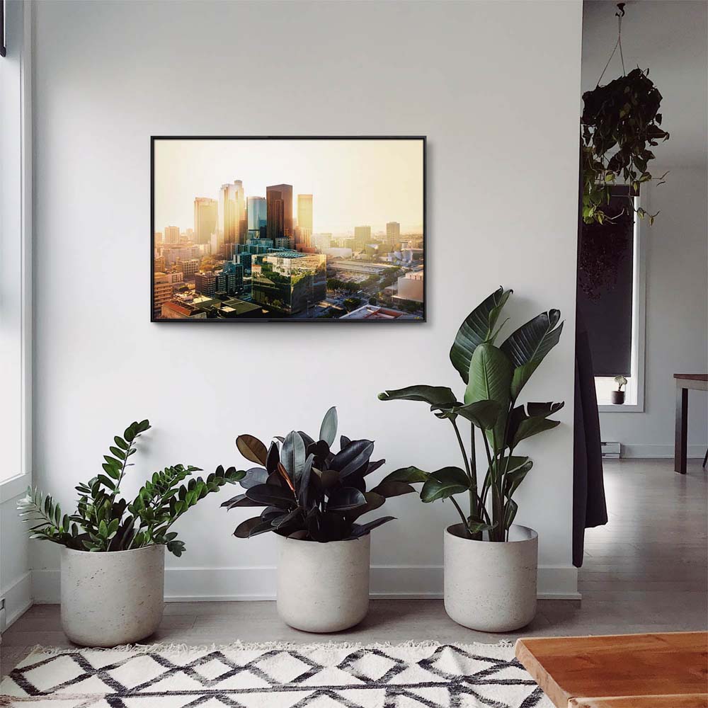 Skyline Los Angeles Sunset im schwarzen Bilderrahmen, 150x100cm
