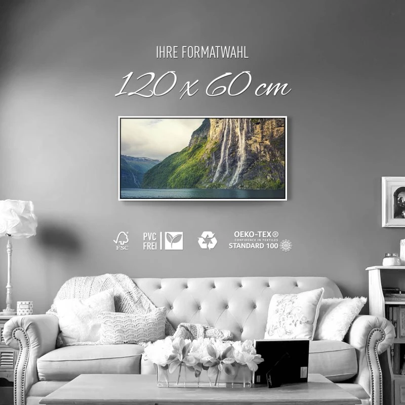 Wasserfall Seven Sisters im weißen Bilderrahmen, 120x60cm