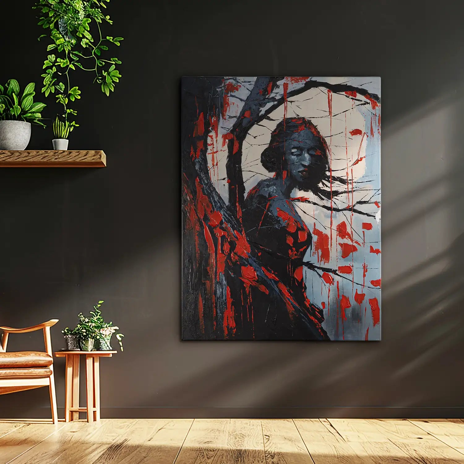 Leinwandbild 90x120 cm ohne Rahmen in Rot und Schwarz, abstrakte Verschmelzung von Baum, Frau und Mond – „Schwarze Phytomorphe“