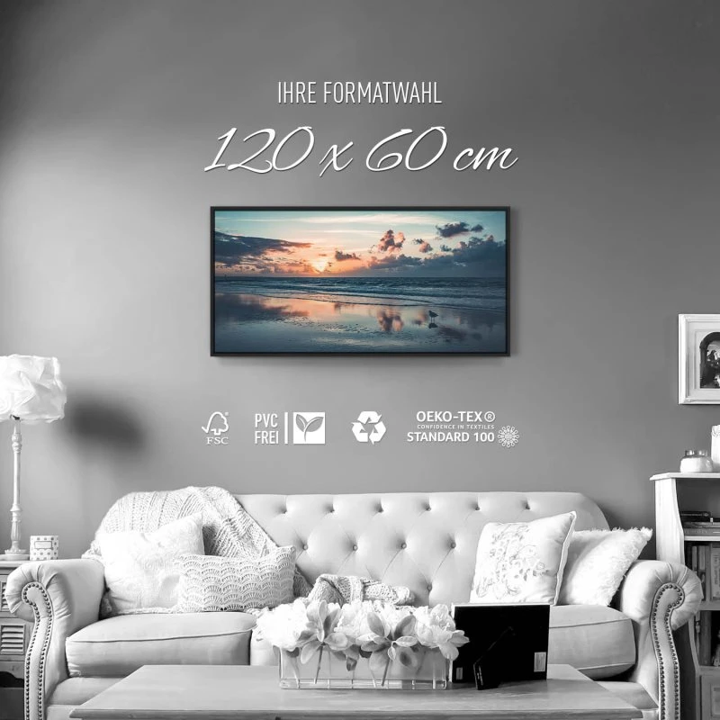 Strand & Meer Sonnenuntergang Nordsee im schwarzen Bilderrahmen, 120x60cm