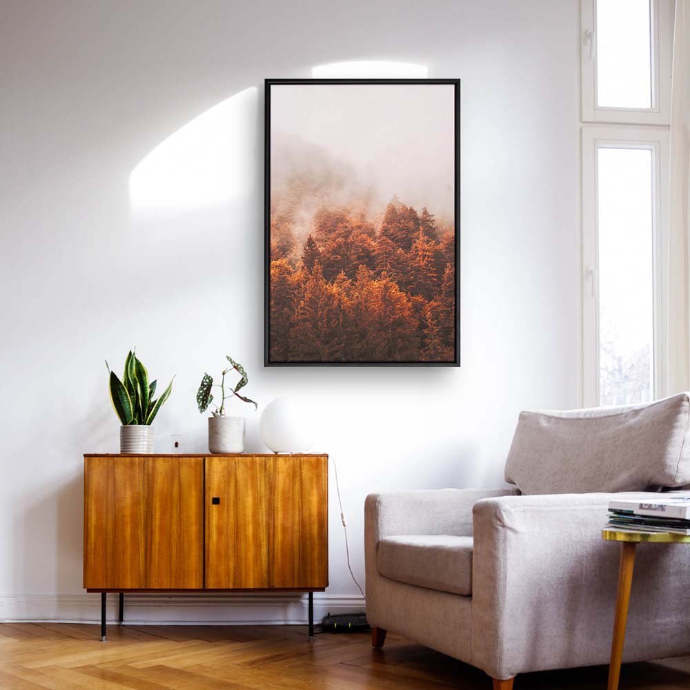 Wald & Bäume Herbst Nebelwald im schwarzen Bilderrahmen, 110x50cm