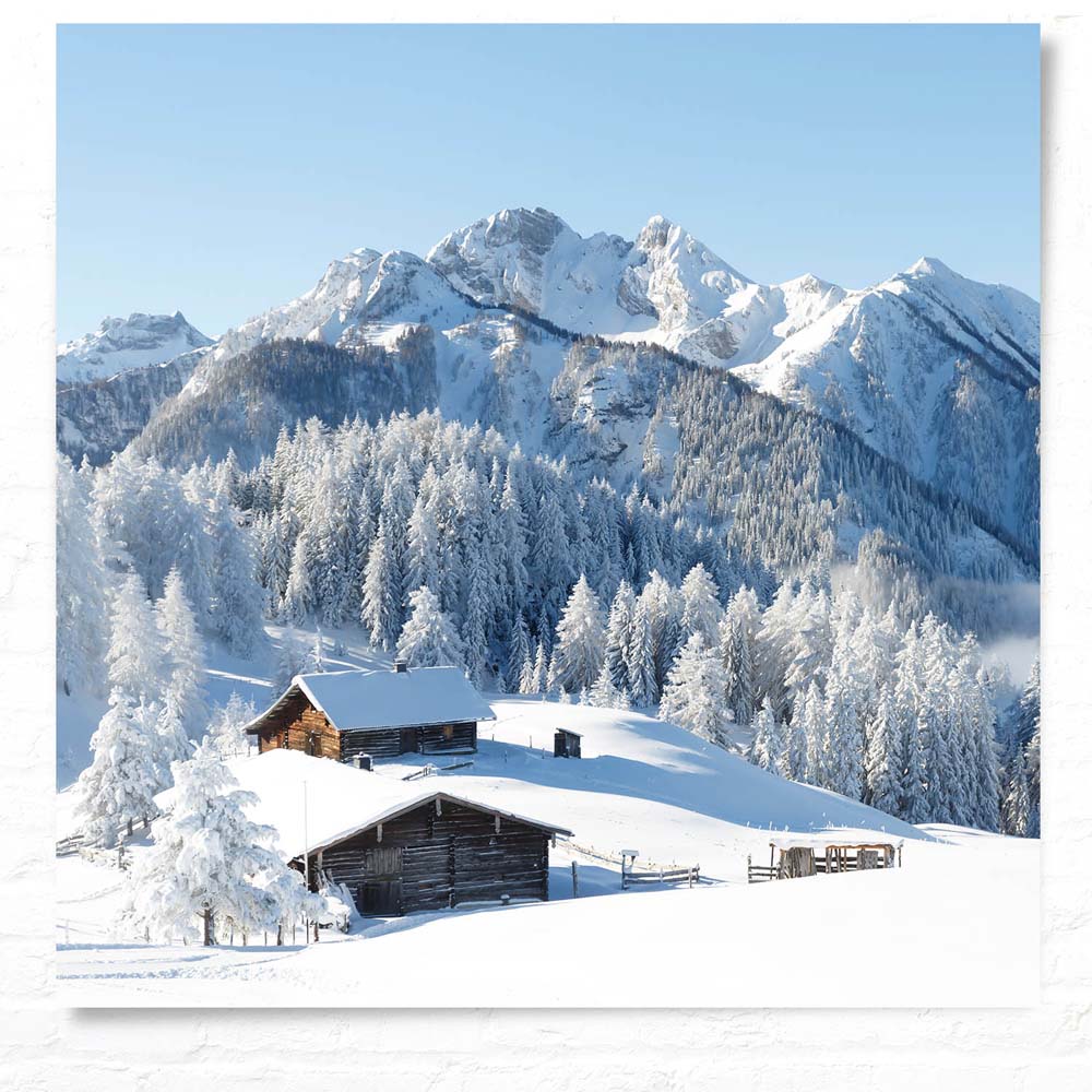 WandPoster Berge & Gebirge Winterpanorama mit Hütte, 80x80cm