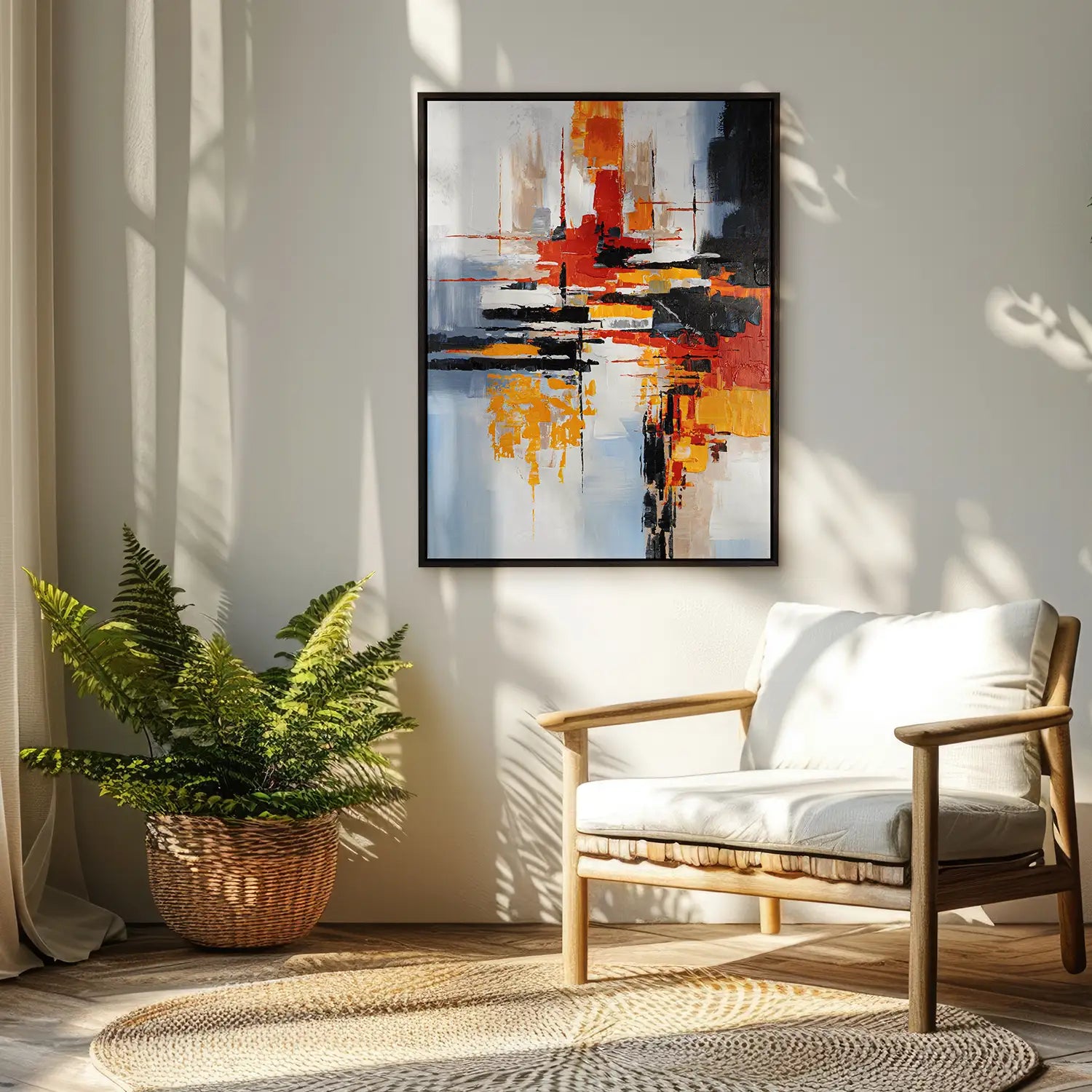 handgemaltes Gemälde 120x160 cm im Rahmen Eiche dunkel, kraftvolles Spiel aus Acryl und Strukturpaste, modern und abstrakt – „Fragilität des Augenblicks“ mit der Explosion der vergänglichen Schönheit