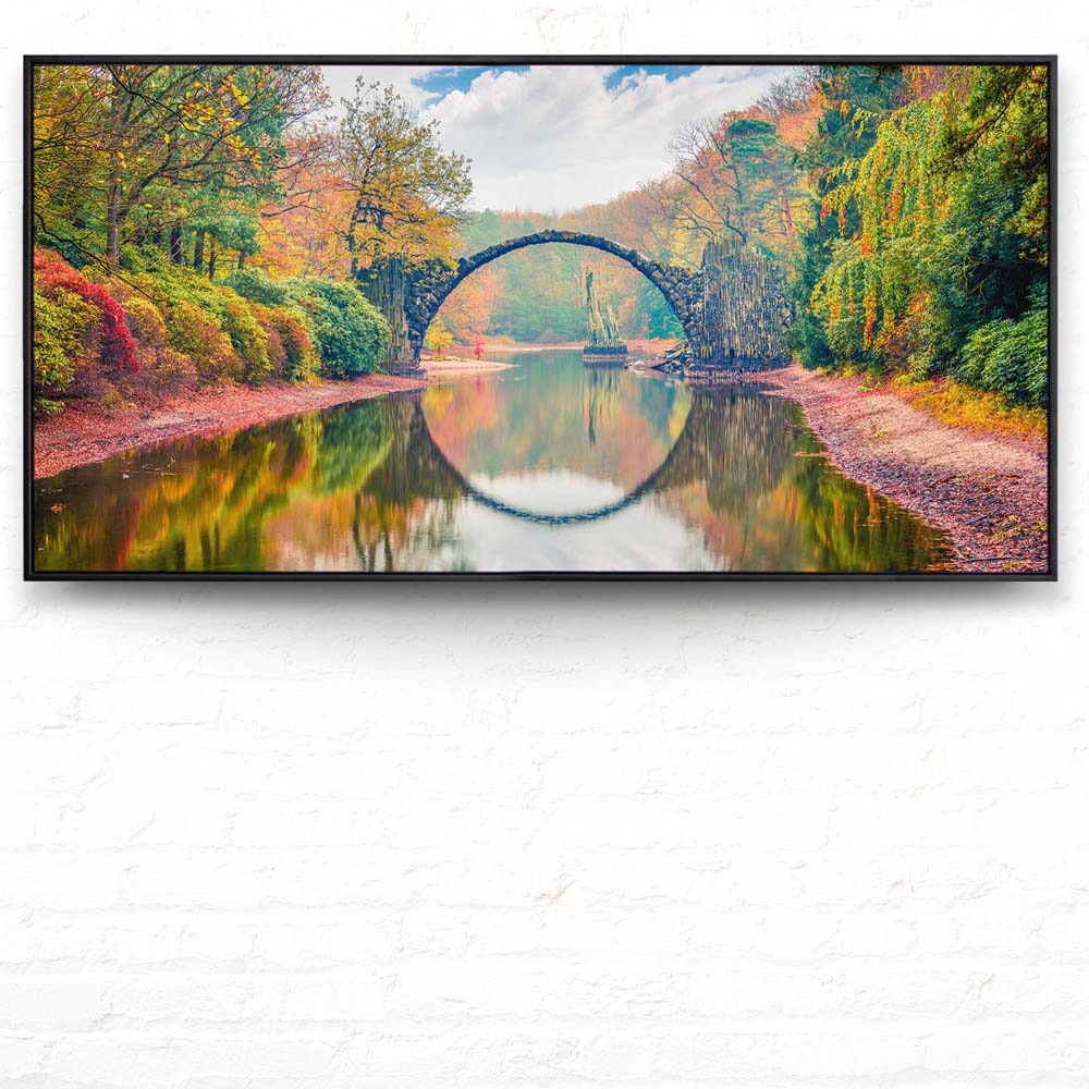 Wald & Bäume Herbst Rakotzbrücke, Kromlau im schwarzen Bilderrahmen, 180x90cm