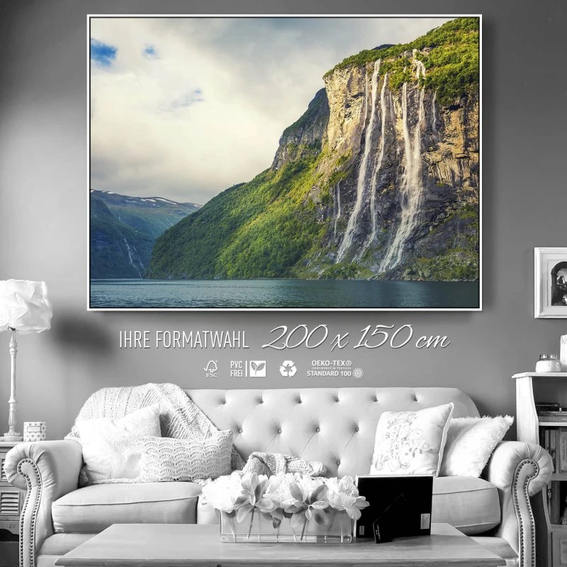 Wasserfall Seven Sisters im weißen Bilderrahmen, 200x150cm