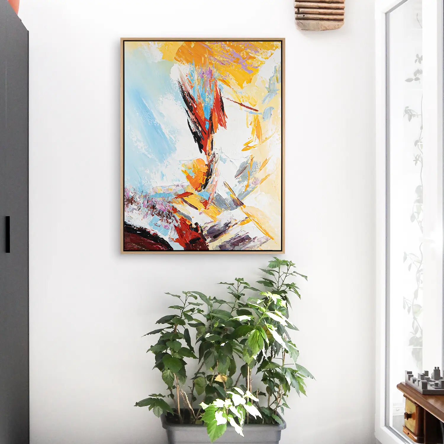 Wandbild 90x120 cm im Rahmen Eiche hell, handgemalt mit Acrylfarbe und Strukturpaste – Abstrakte Entfaltung versteckter Dimensionen in leuchtenden Rot- und Gelbtönen – „Versteckte Dimensionen“