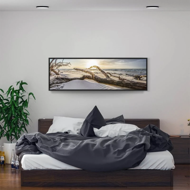 Strand & Meer Sonnenuntergang Ostsee im schwarzen Bilderrahmen, 150x50cm