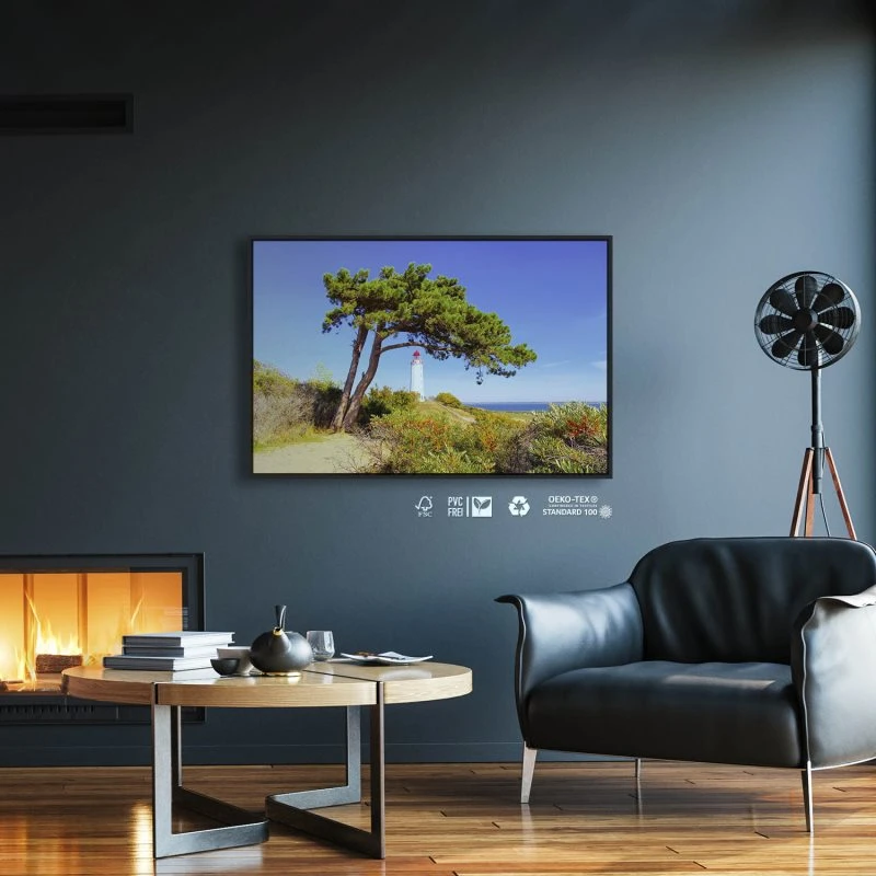 Strand & Meer Leuttchtturm Hiddensee Ostsee im schwarzen Bilderrahmen, 120x60cm