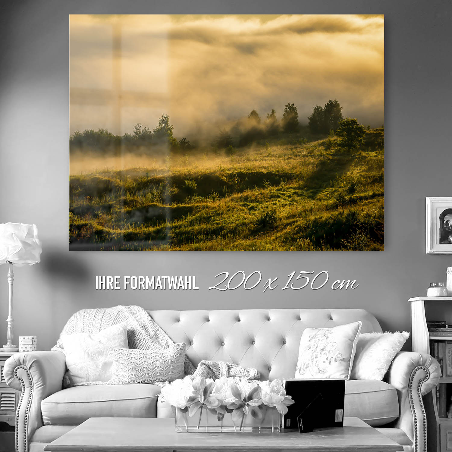 200x150cm großes Acrylglasbild, Wald Wiese Nebel am Morgen