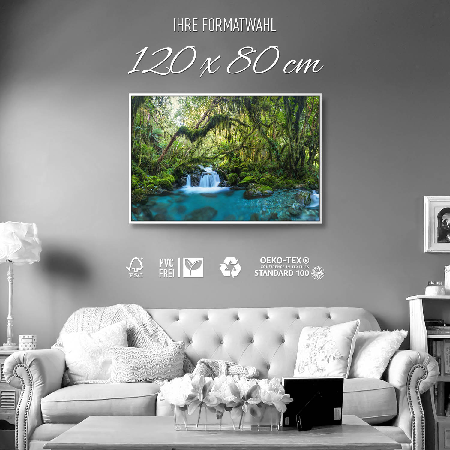Dschungel idylischer Bachlauf im weißen Bilderrahmen, 120x80cm