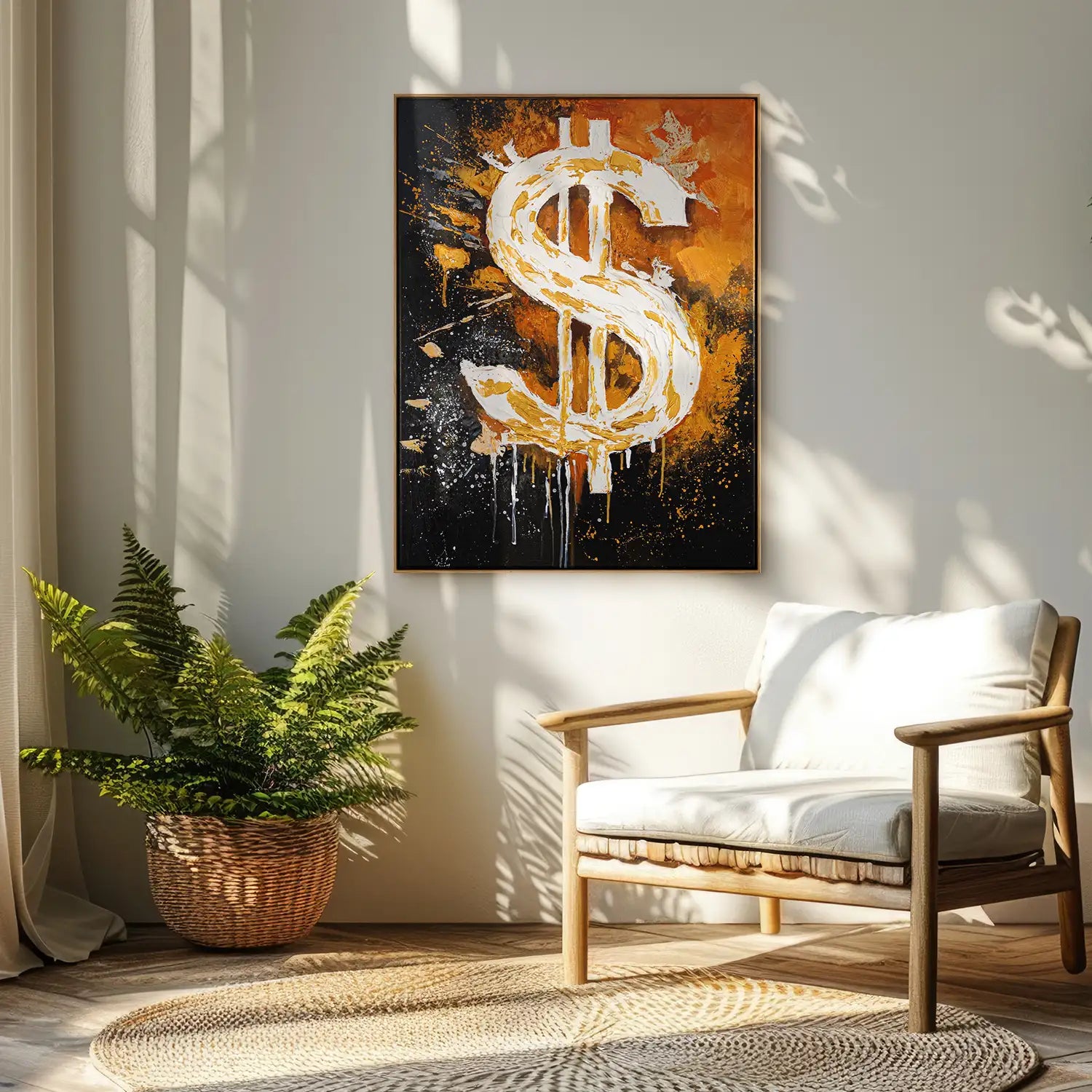 Leinwandbild 120x160 cm im Rahmen Eiche hell in Schwarz und Orange – Abstrakte Darstellung von Motivation und Erfolg – „Dollar“