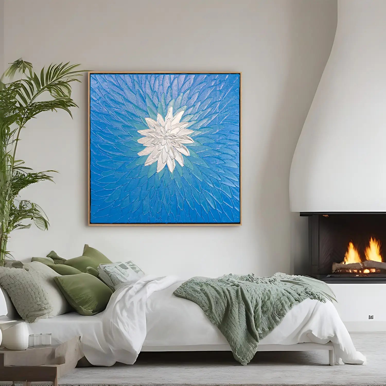 Wandbild echt handgemalt 60x60 cm im Rahmen Eiche hell – kraftvolle Blüte in Blau und Silber, modern und abstrakt – „Geist der Freiheit“