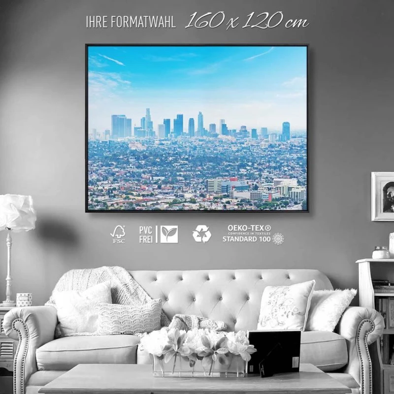 Skyline Los Angeles Panorama im schwarzen Bilderrahmen, 160x120cm