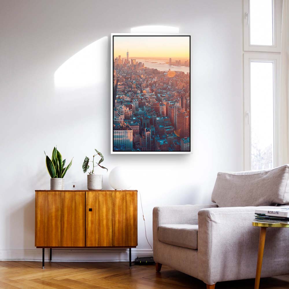 Skyline Manhatten von oben im weißen Bilderrahmen, 50x50cm