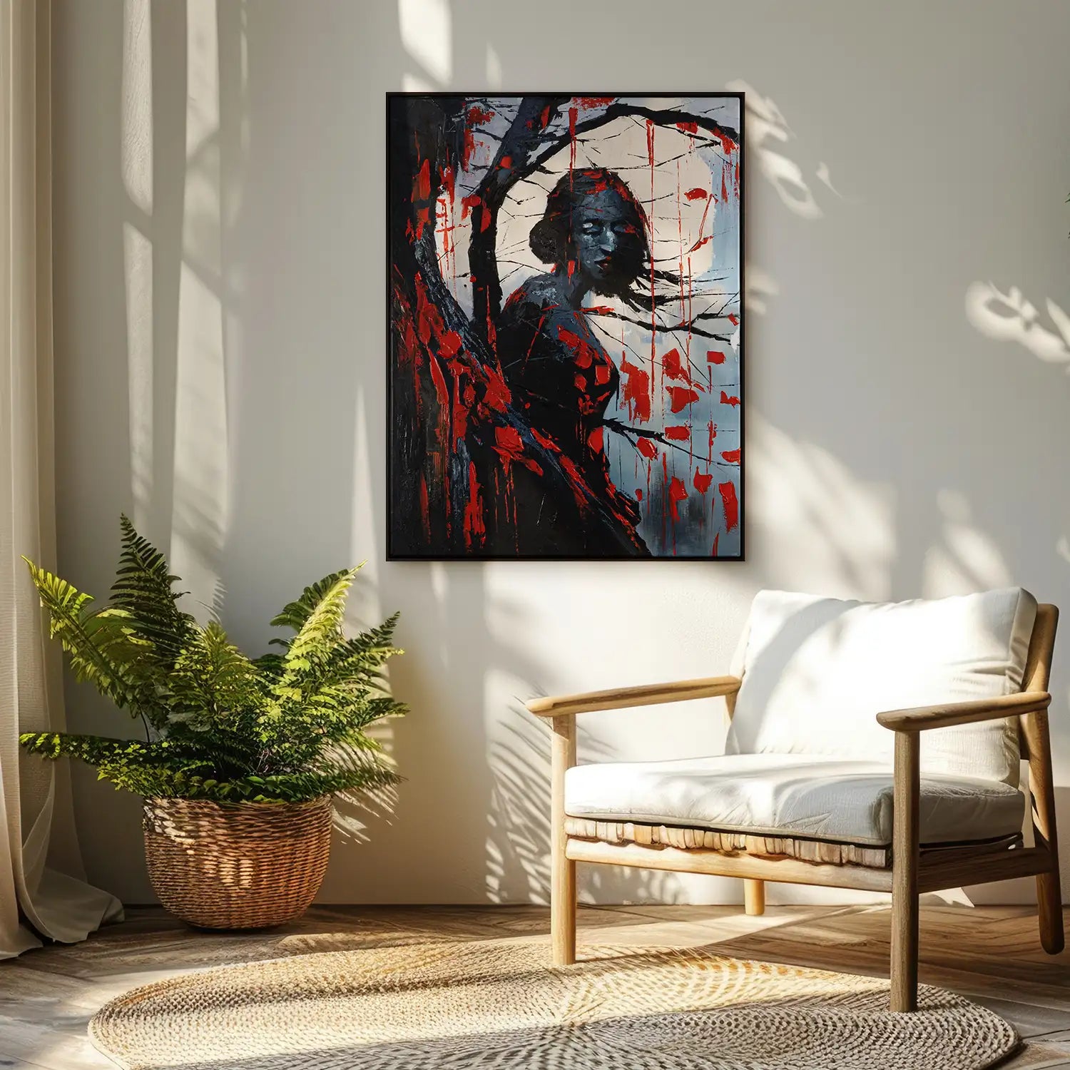 Gemälde 60x80 cm im Rahmen Eiche dunkel in Rot und Schwarz – ein abstraktes Spiel von Baum, Frau und Mond in der Gothic-Nacht – „Schwarze Phytomorphe“