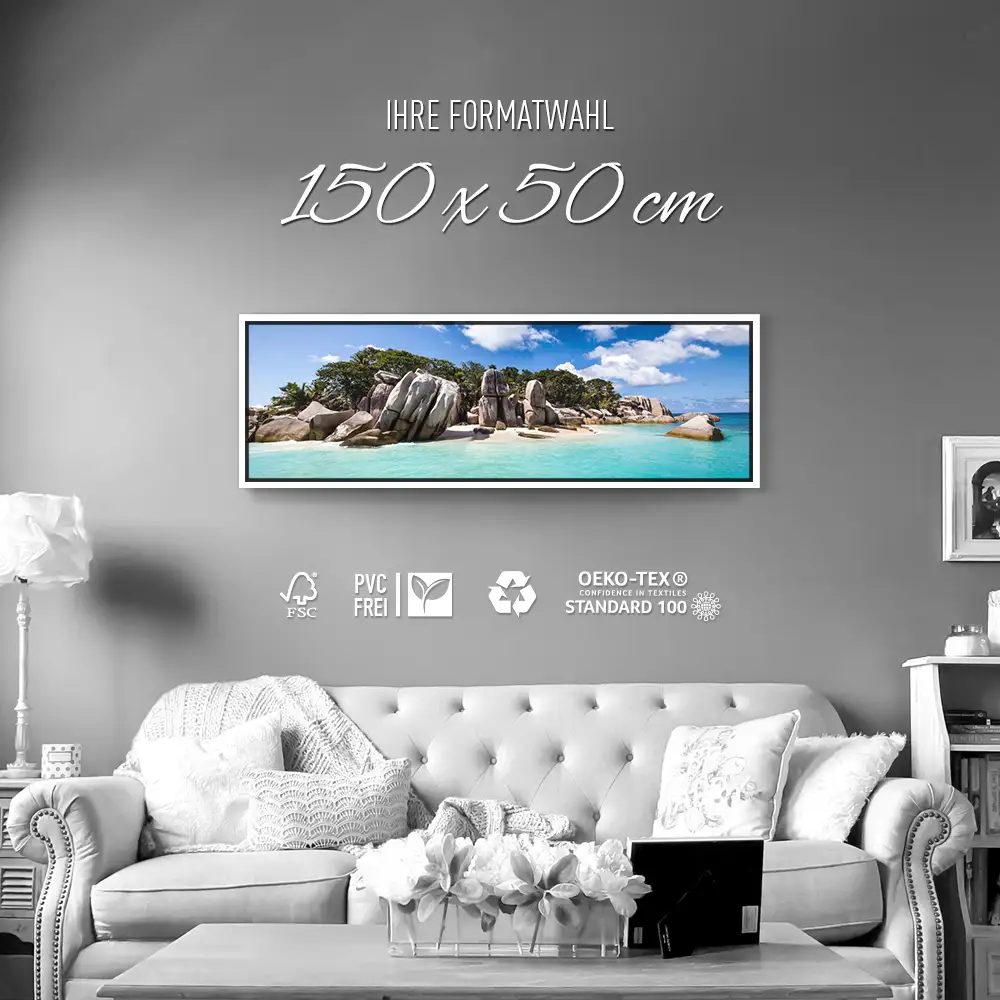 Strand & Meer Seychellen Insel im weißen Bilderrahmen, 150x50cm