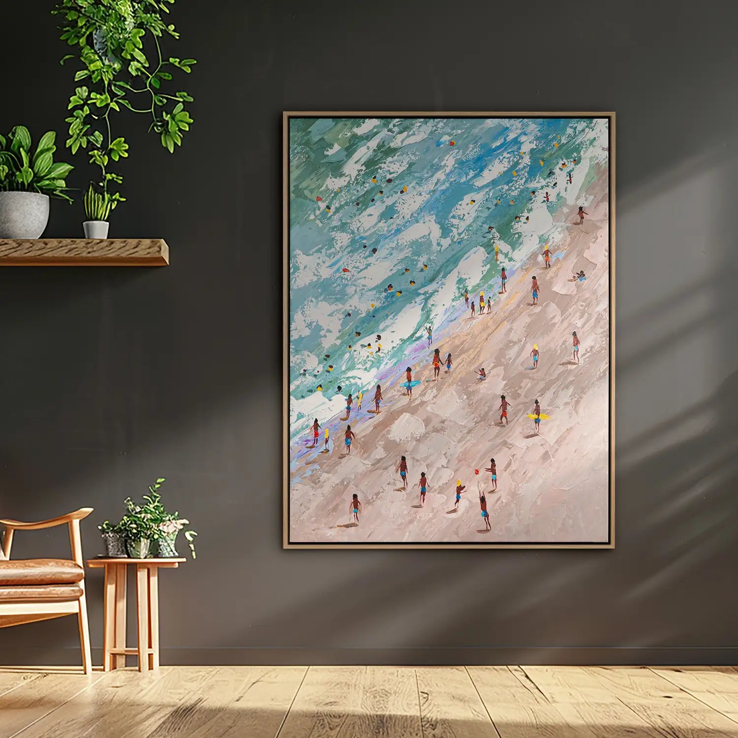 Leinwandbild 90x120 cm im Rahmen Eiche hell, handgemalt mit Acrylfarbe und Strukturpaste, in sanften Erdtönen und Meeres-Blau – „Rätsel der Existenz“ – Raetsel der Existenz