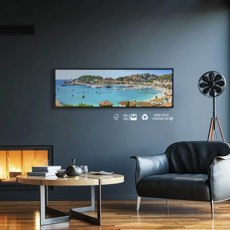 Strand & Meer Port de Soller, Mallorca im schwarzen Bilderrahmen, 150x50cm