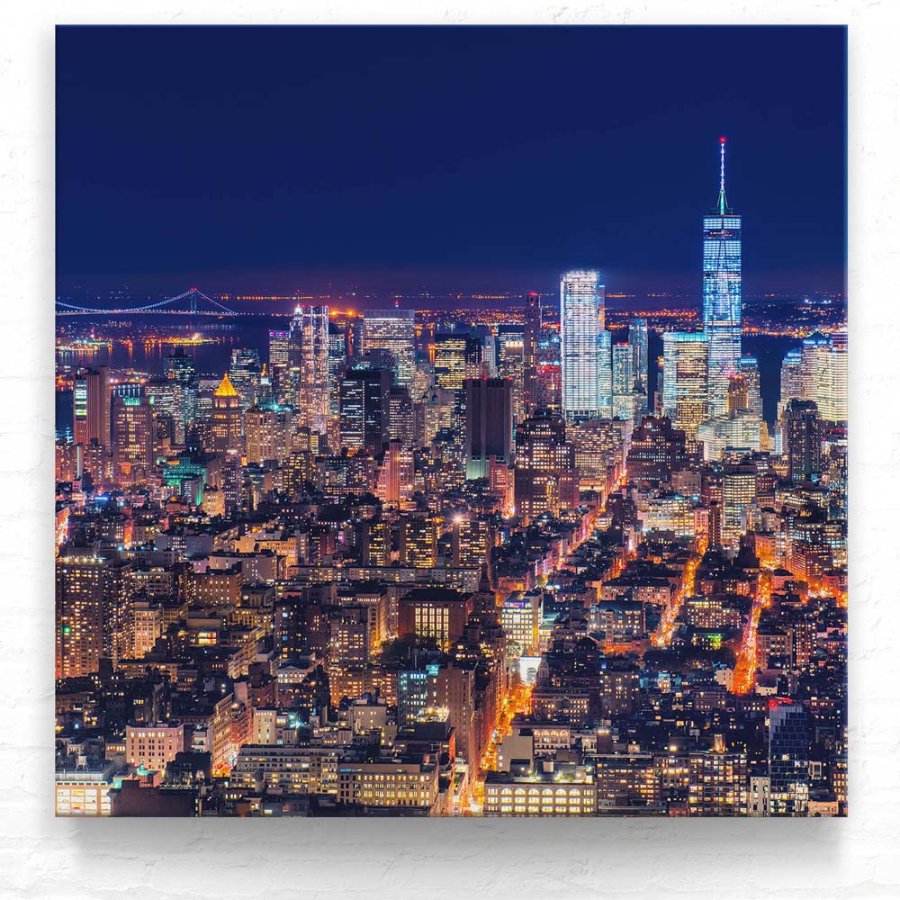 Skyline Manhatten bei Nacht als Leinwand Bild 50x50cm