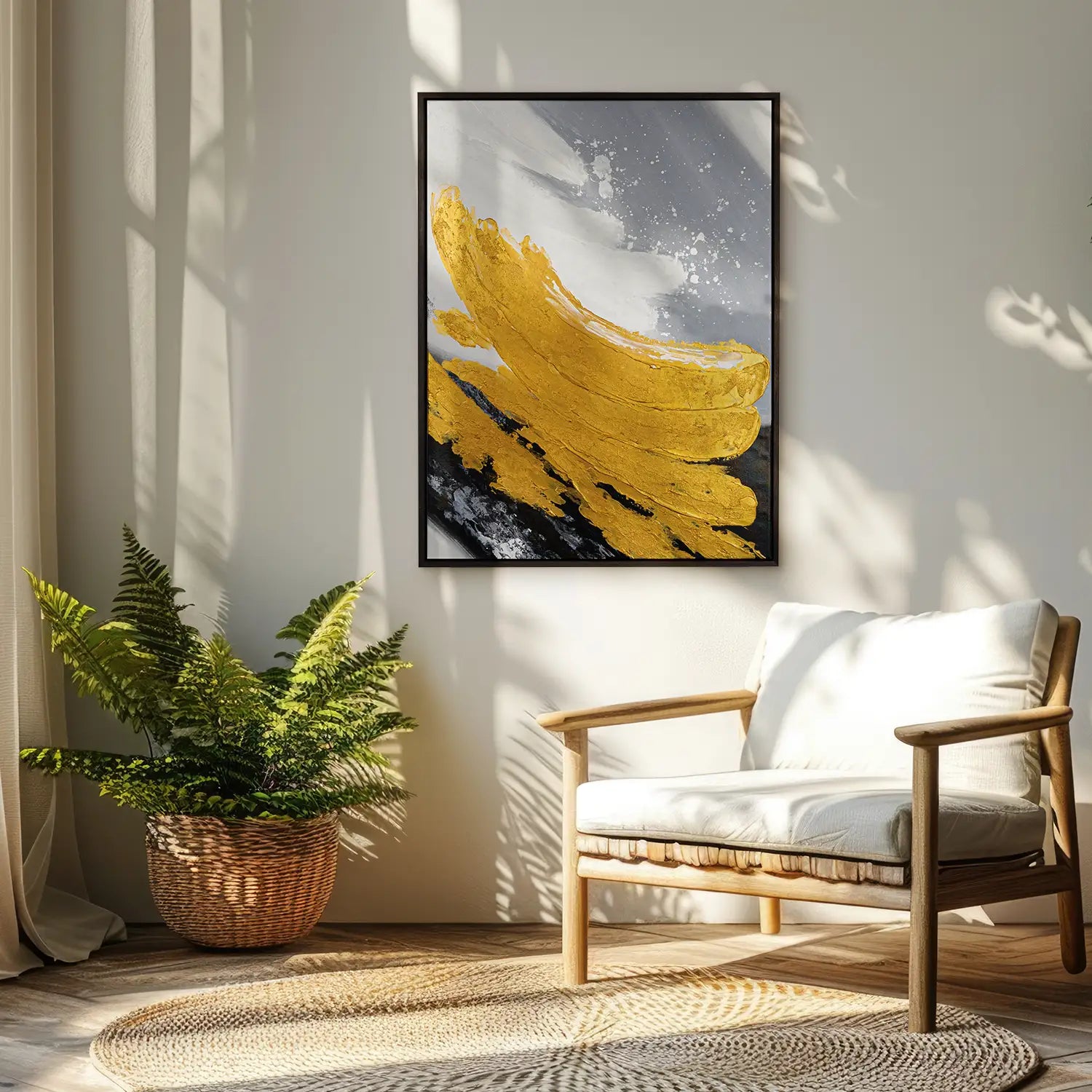 Gemälde 120x160 cm im Rahmen Eiche dunkel, handgemalt mit Acrylfarbe und Strukturpaste, abstrakte Komposition in Gold, Schwarz und Grau – „Goldene Reflexionen“