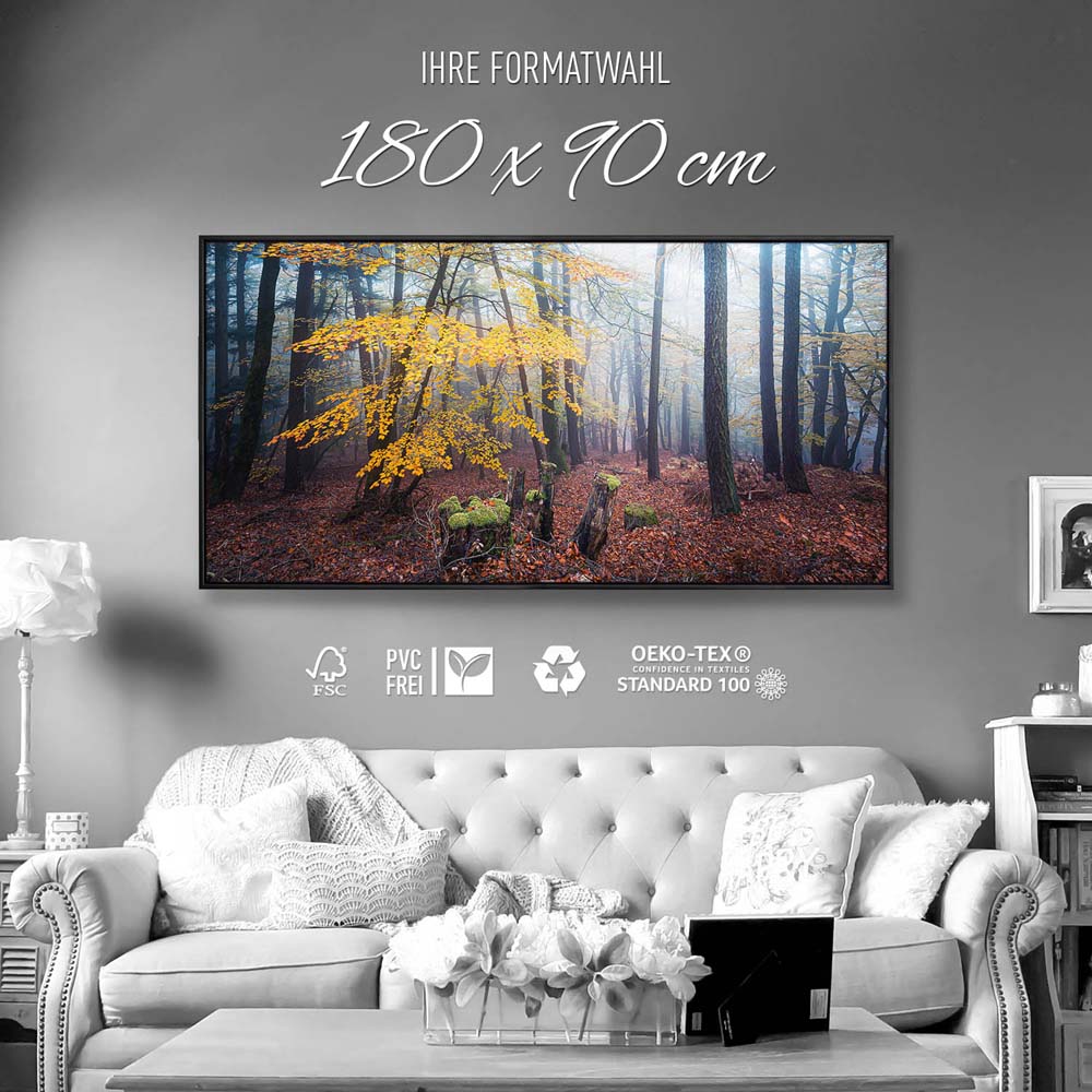 Wald & Nebel Herbst im Pfläzerwald  im schwarzen Bilderrahmen, 180x90cm