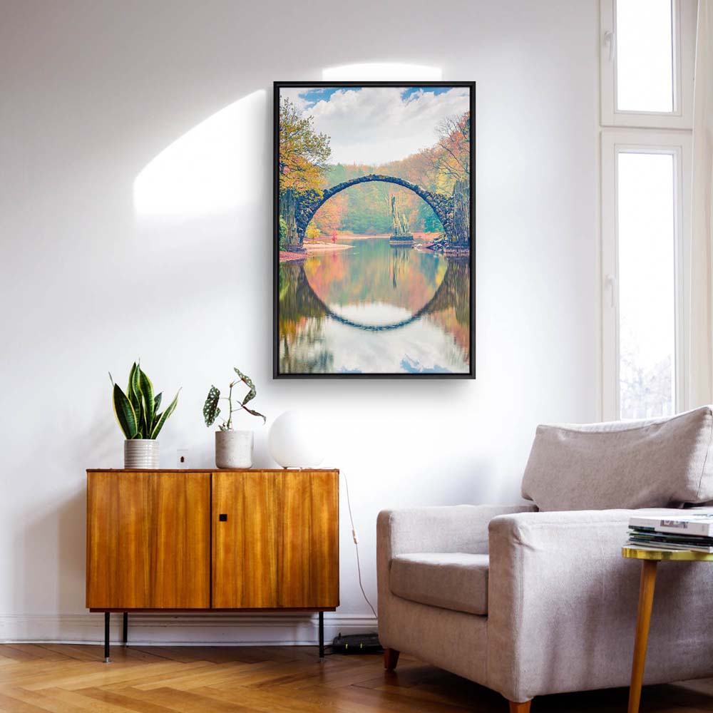 Wald & Bäume Herbst Rakotzbrücke, Kromlau im schwarzen Bilderrahmen, 150x50cm