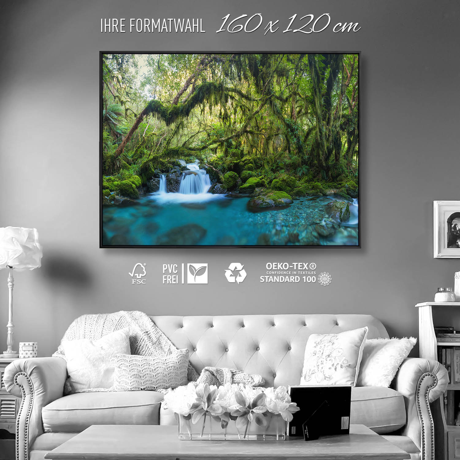 Dschungel idylischer Bachlauf im schwarzen Bilderrahmen, 160x120cm