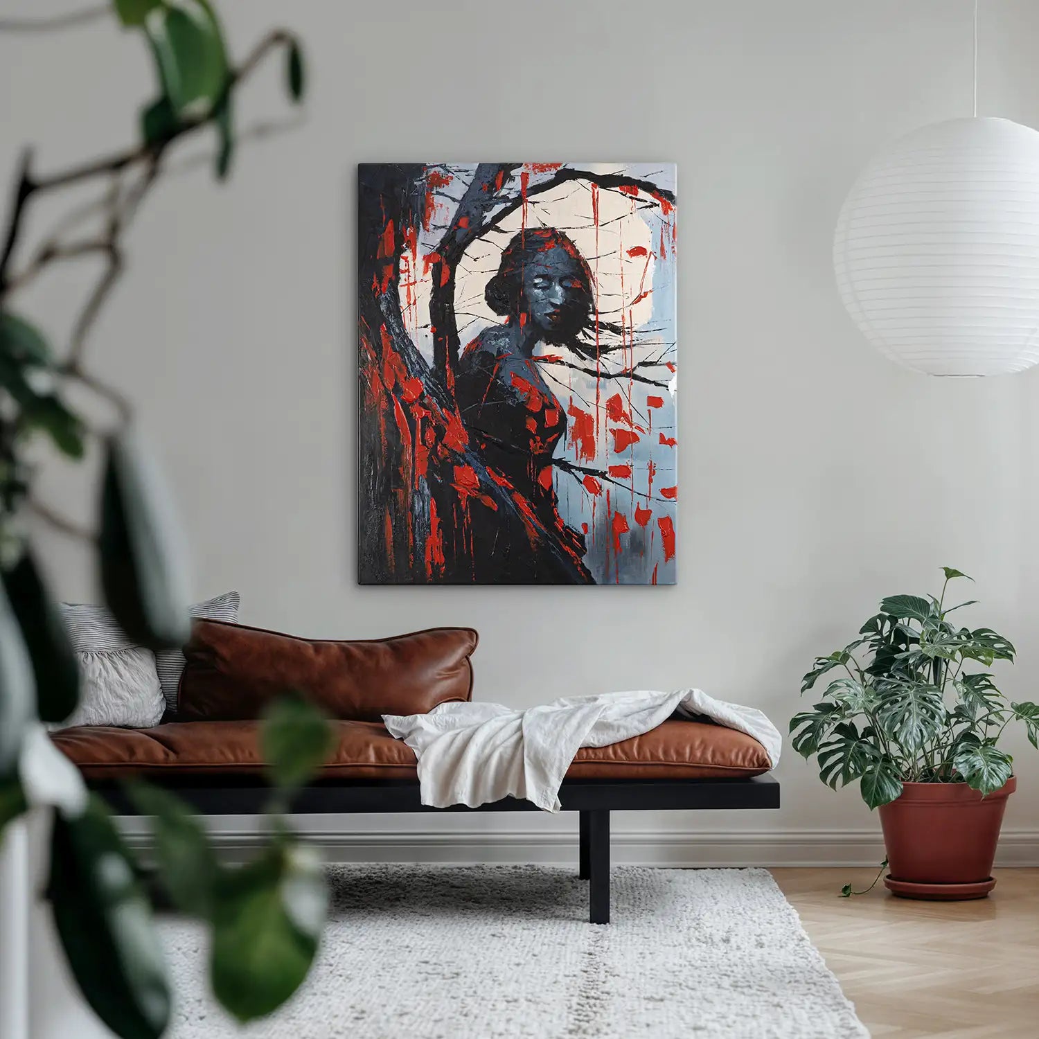 Leinwandbild 90x120 cm ohne Rahmen in Rot und Schwarz, abstrakte Verschmelzung von Baum, Frau und Mond – „Schwarze Phytomorphe“