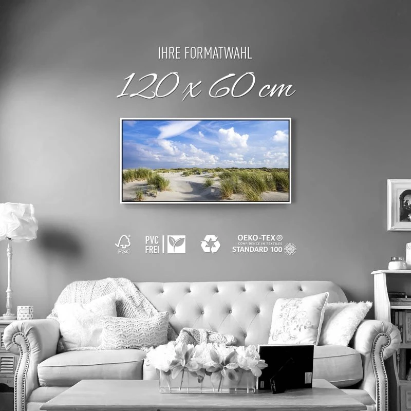 Strand & Meer Dünen Langenoog Nordsee im weißen Bilderrahmen, 120x60cm