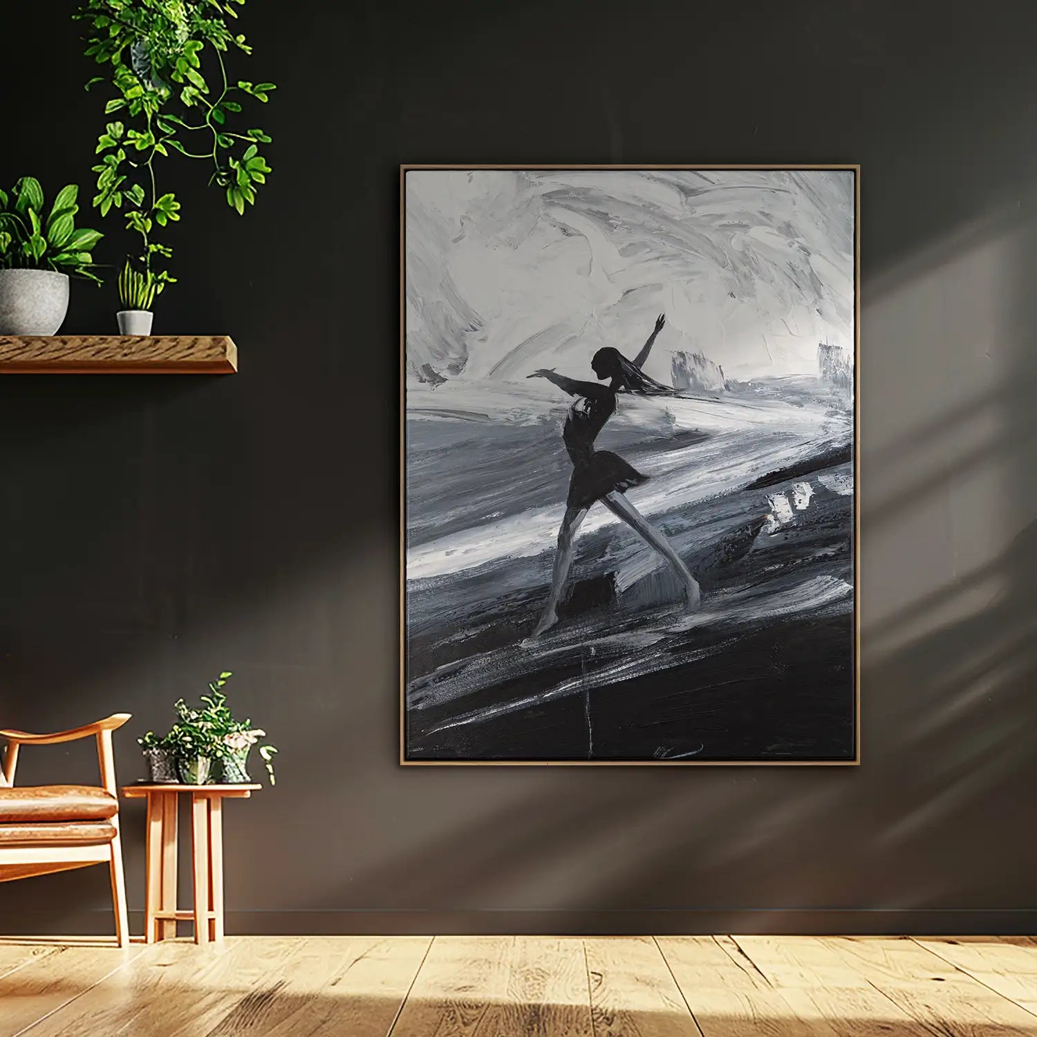 handgemaltes Gemälde 150x200 cm im Rahmen Eiche hell, dramatische Eleganz in Schwarz, Weiß und Grau – „Die Tänzerin“