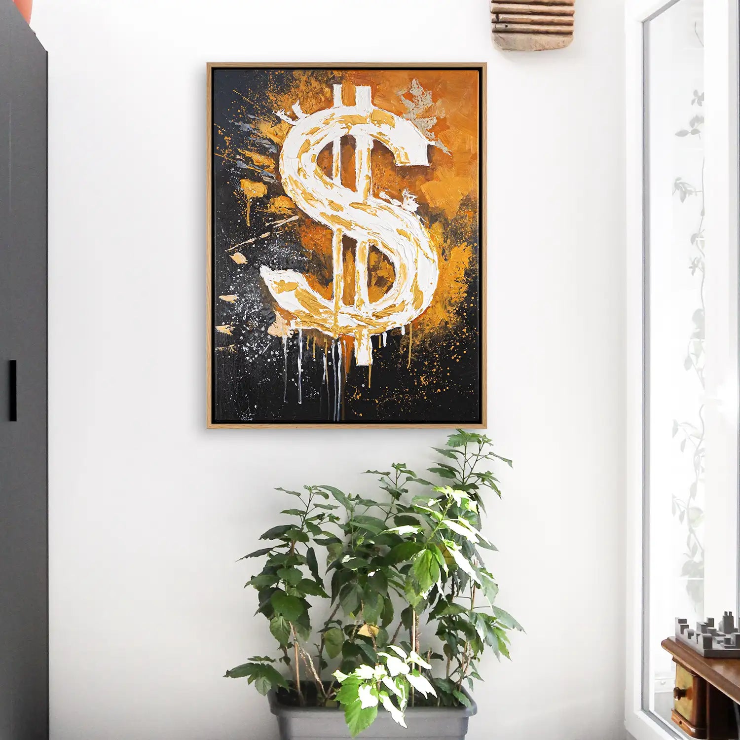 Leinwandbild 120x160 cm im Rahmen Eiche hell in Schwarz und Orange – Abstrakte Darstellung von Motivation und Erfolg – „Dollar“