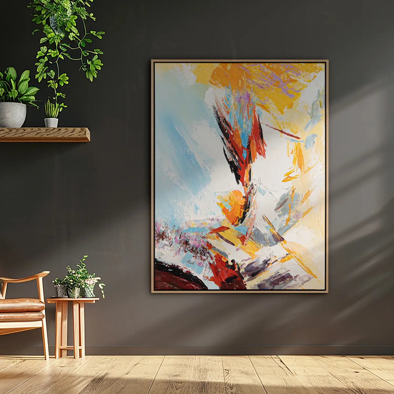 Wandbild 90x120 cm im Rahmen Eiche hell, handgemalt mit Acrylfarbe und Strukturpaste – Abstrakte Entfaltung versteckter Dimensionen in leuchtenden Rot- und Gelbtönen – „Versteckte Dimensionen“