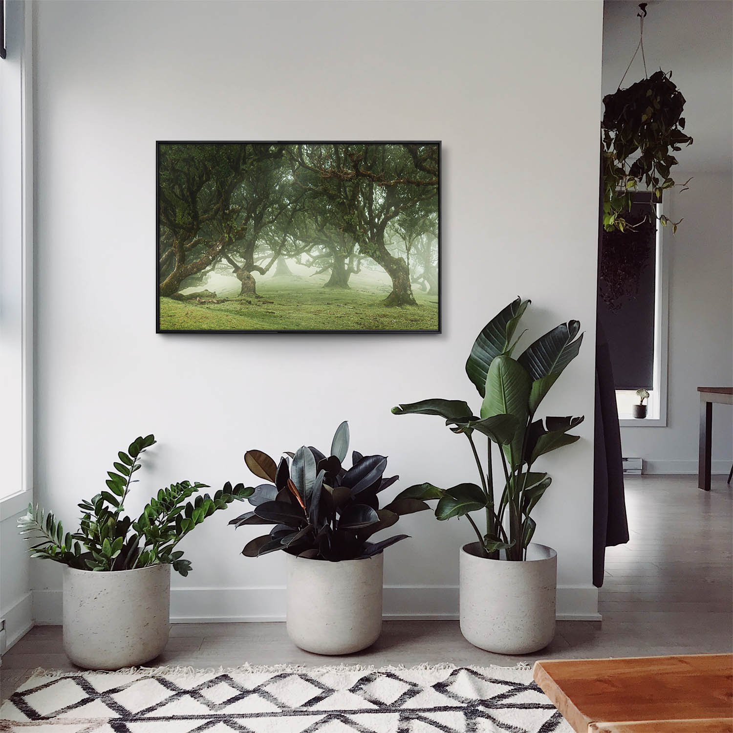 Wald & Bäume Nebel Gestalten im schwarzen Bilderrahmen, 150x50cm