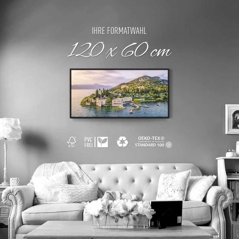 Strand & Meer Punta San Vigilio, Gardasee im schwarzen Bilderrahmen, 120x60cm