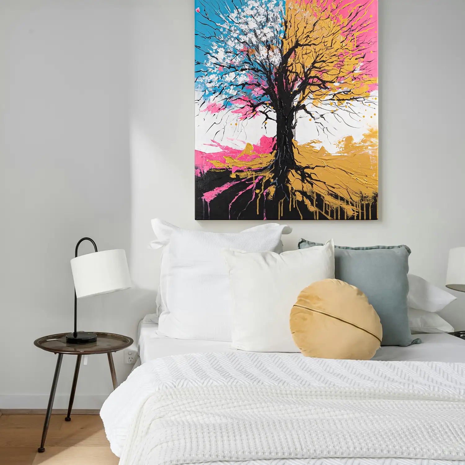 handgemaltes Gemälde 150x200 cm ohne Rahmen – ein majestätischer Baum in Petrol, Pink und Gold als Symbol für innere Stärke und Wandel – „Chromatischer Wipfel“