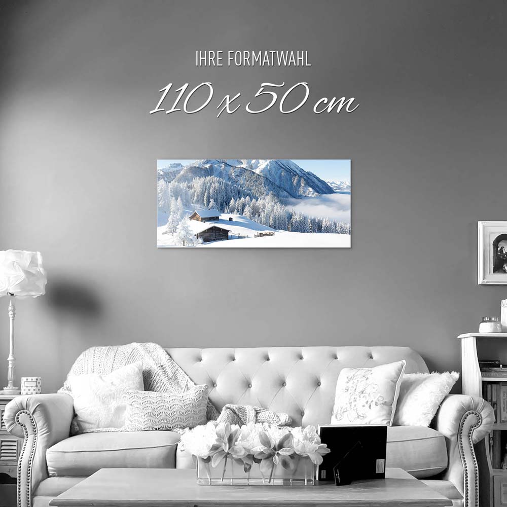Berge & Gebirge Winterpanorama mit Hütte als Acrylglasverbund Bild 110x50cm