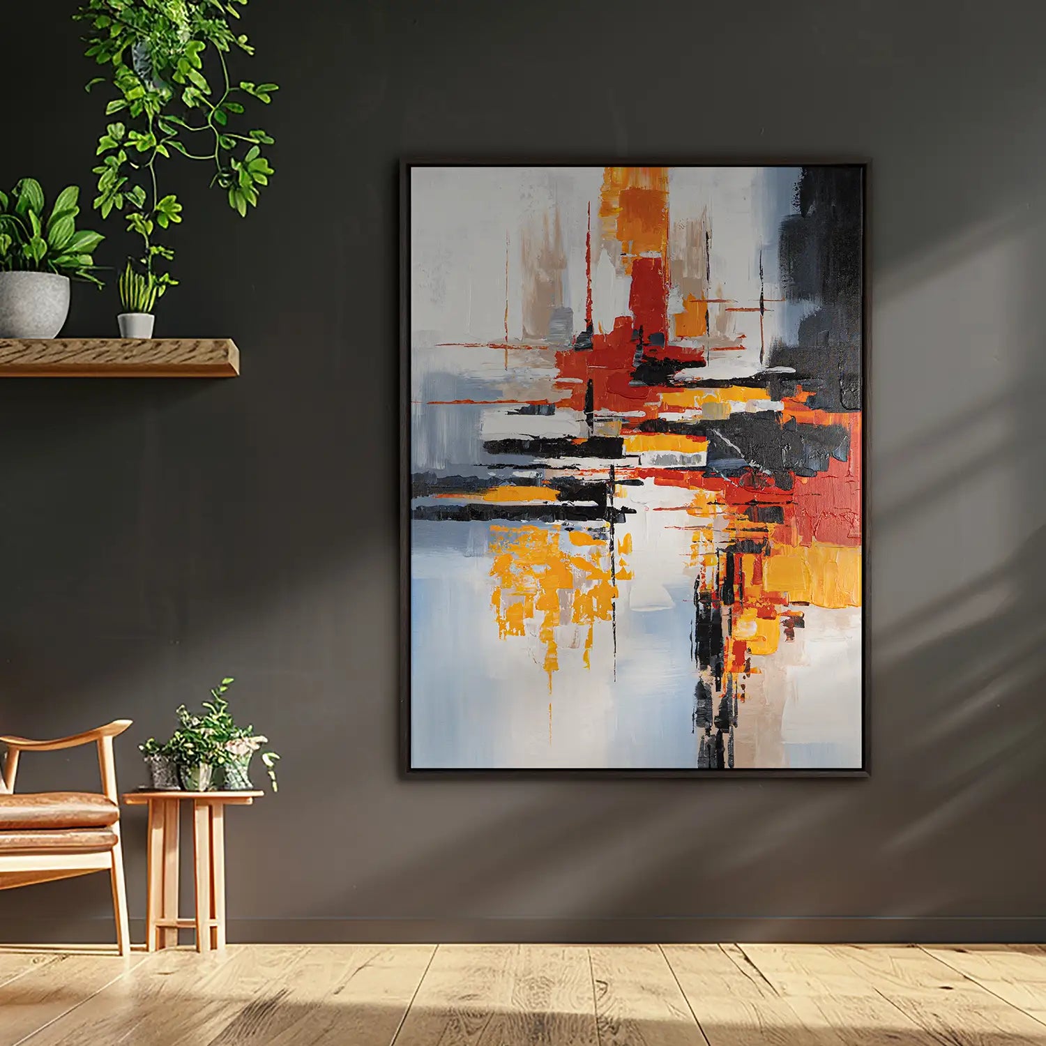 handgemaltes Gemälde 120x160 cm im Rahmen Eiche dunkel, kraftvolles Spiel aus Acryl und Strukturpaste, modern und abstrakt – „Fragilität des Augenblicks“ mit der Explosion der vergänglichen Schönheit