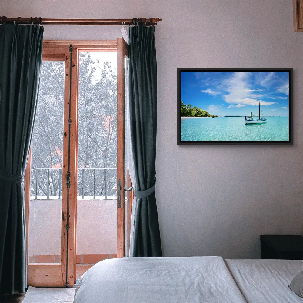Strand & Meer Karibik Boot im schwarzen Bilderrahmen, 120x60cm